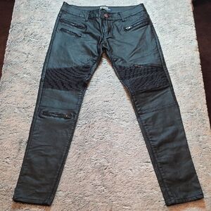 Women's Black Faux Leather Biker Jeans. Size Medium